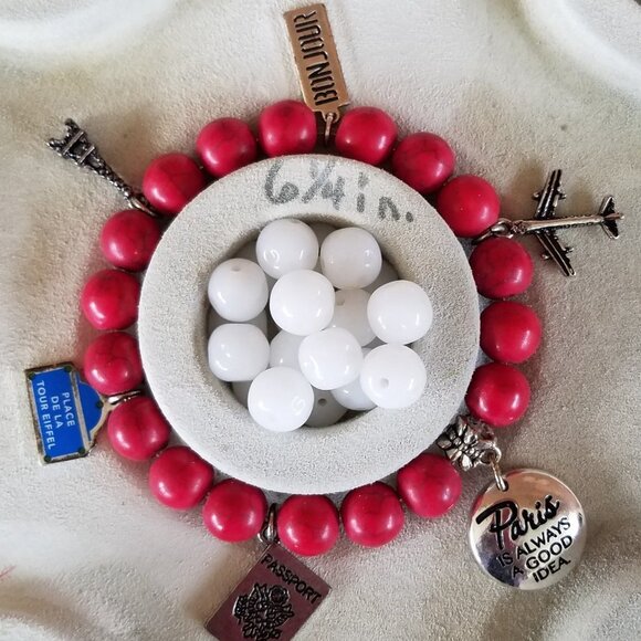 Hand Crafted Paris Red Gemstone Charm Bracelet 6.25" Stretch - Picture 2 of 9